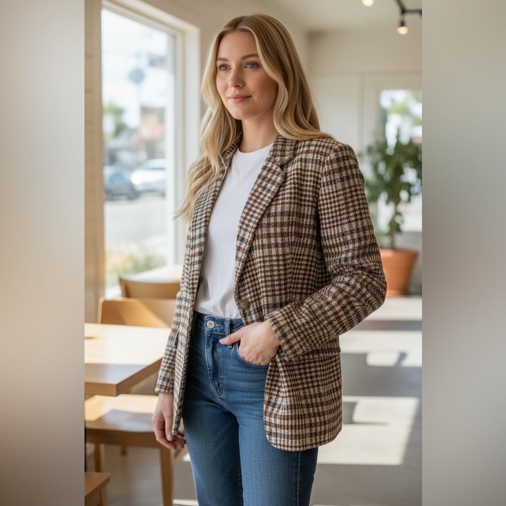 NWT Rachel Zoe Plaid Wool Blend Blazer Houndstooth Checkered Double Breasted S